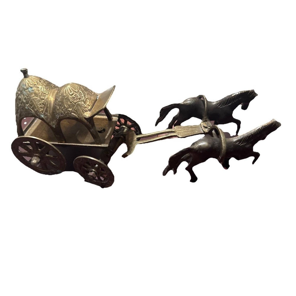 Vintage Brass Ornate Roman Chariot Drawn by a Pair of Horses
